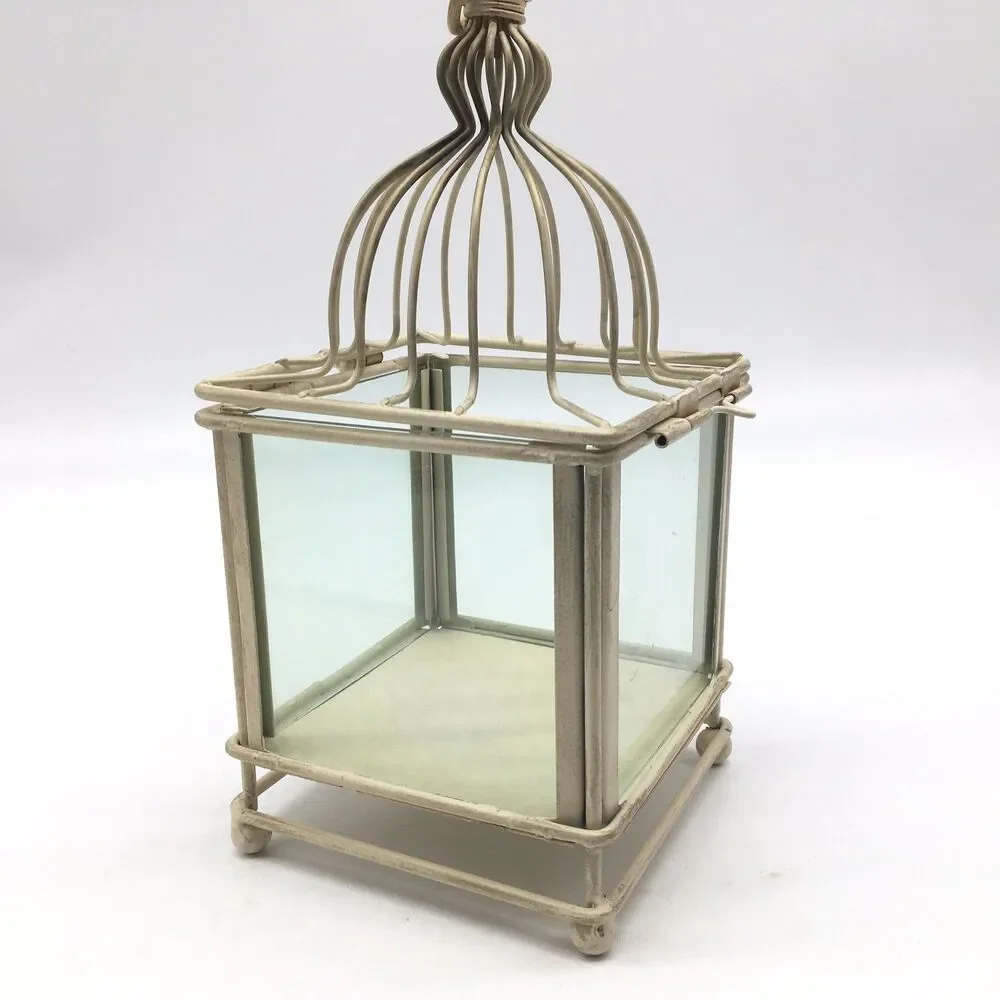 Creamy White Metal Glass Lantern Farmhouse Shabby Chic Candle Holders Terrarium